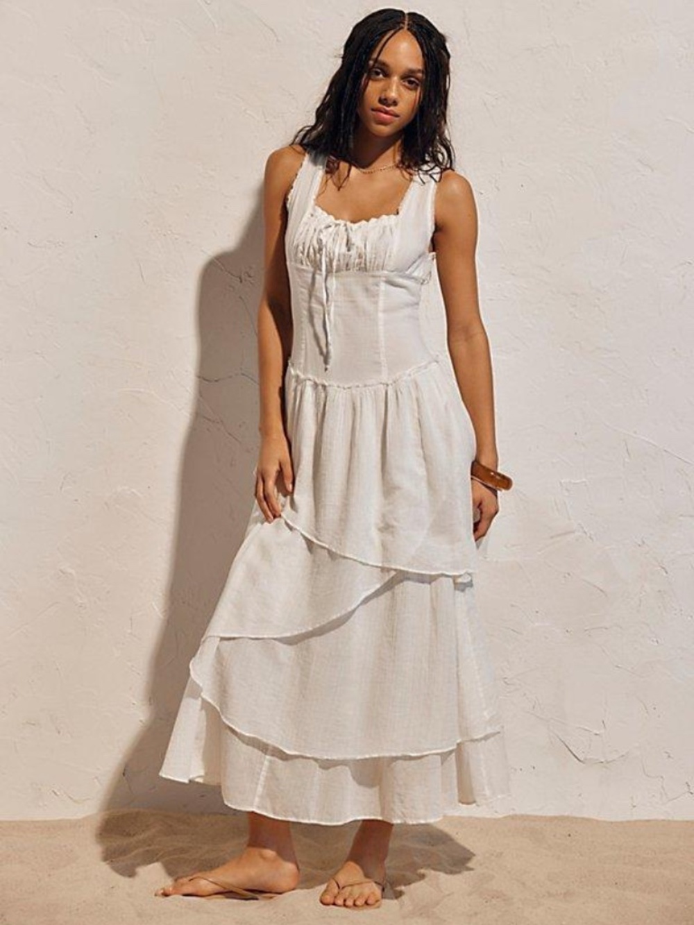 Free People In My Dreams Midi Dress Sz Large 100% Cotton Tiered Summer Dress